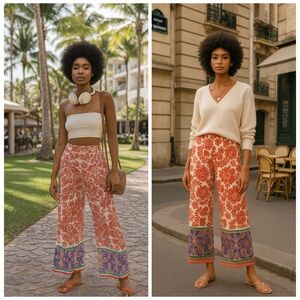 ZARA Printed Wide Leg Pants S | Boho Pajama Style Resort Beach Trousers NWT